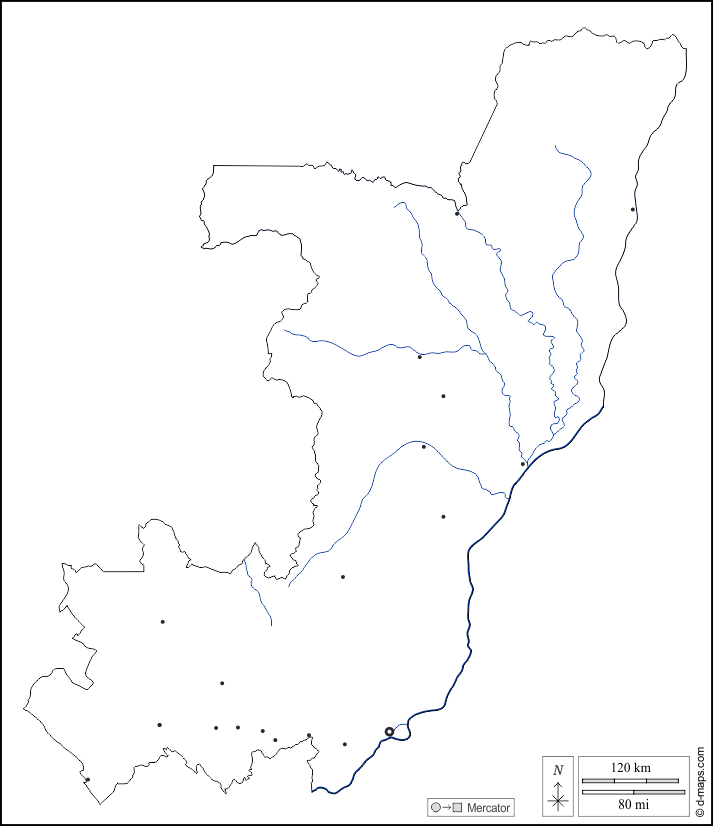 Kongo : d-maps.com: Kostenlose Karten, kostenlose stumme Karte, kostenlose unausgefüllt Landkarte, kostenlose hochauflösende Umrisskarte : Umrisse, Hydrografie, Wichtige Städte, weiß