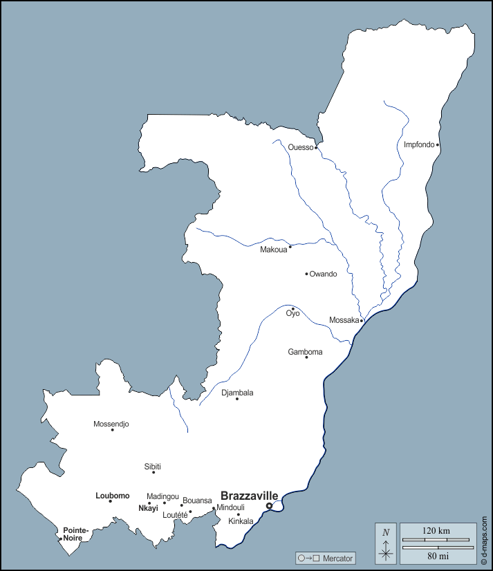 Congo : d-maps.com: free map, free blank map, free outline map, free base map : outline, hydrography, main cities, names