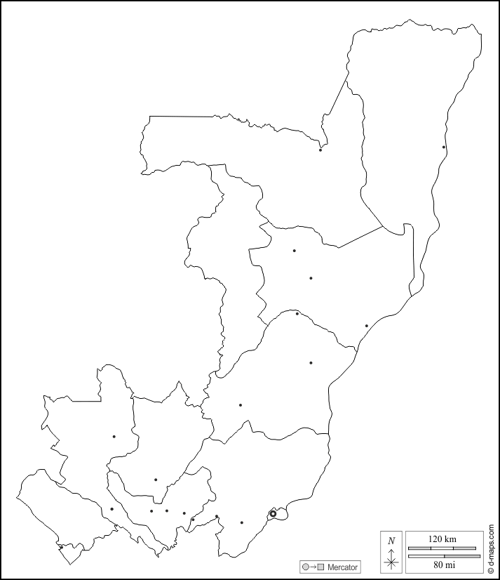 Congo : d-maps.com: mapa gratuito, mapa mudo gratuito, mapa en blanco gratuito, plantilla de mapa : contornos, departamentos, principales ciudades, blanco