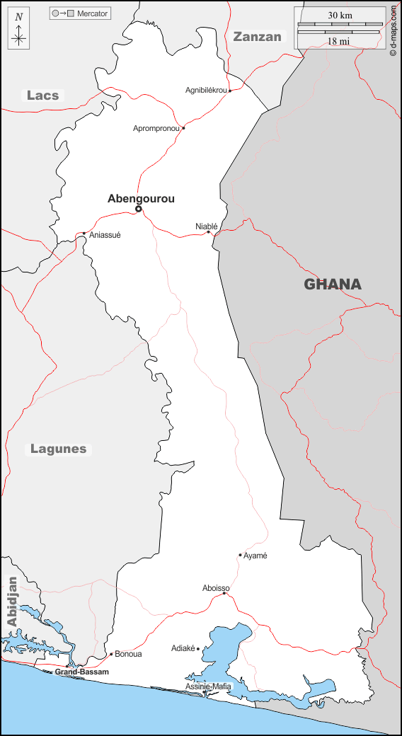 Comoé : d-maps.com: carte géographique gratuite, carte géographique muette gratuite, carte vierge gratuite, fond de carte gratuit, formats graphiques courants : frontières, principales villes, routes, noms
