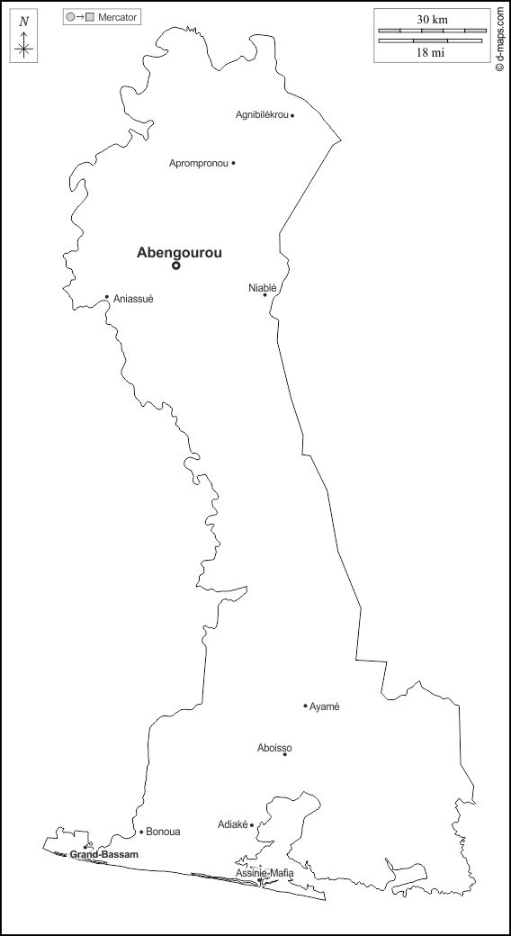 Comoé : d-maps.com: Kostenlose Karten, kostenlose stumme Karte, kostenlose unausgefüllt Landkarte, kostenlose hochauflösende Umrisskarte : Umrisse, Wichtige Städte, Namen, weiß
