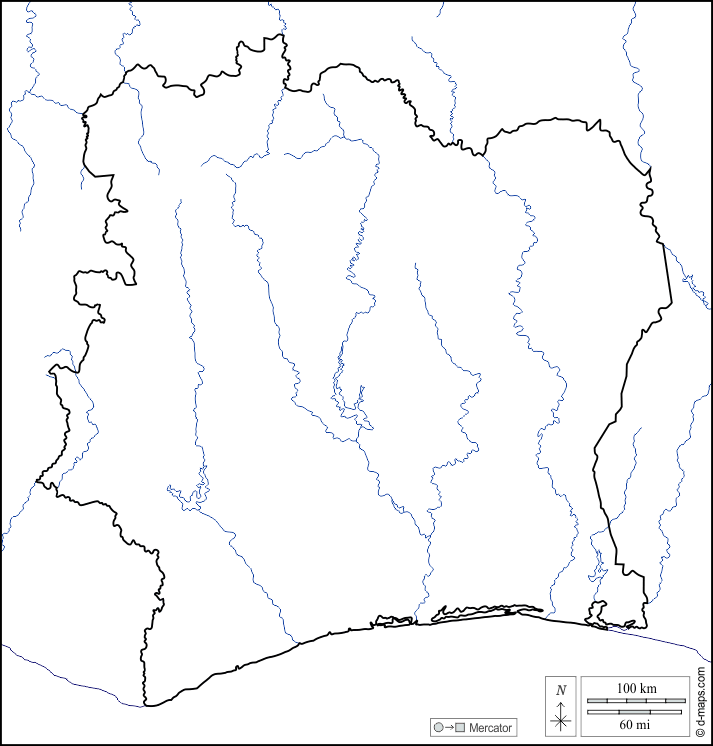 Costa do Marfim : d-maps.com: mapa livre, mapa em branco livre, mapa livre do esboço, mapa básico livre
 : costas, limites, hidrografia, branco