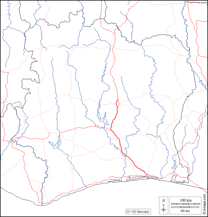 Ivory Coast : d-maps.com: free map, free blank map, free outline map, free base map : boundaries, hydrography, roads, white