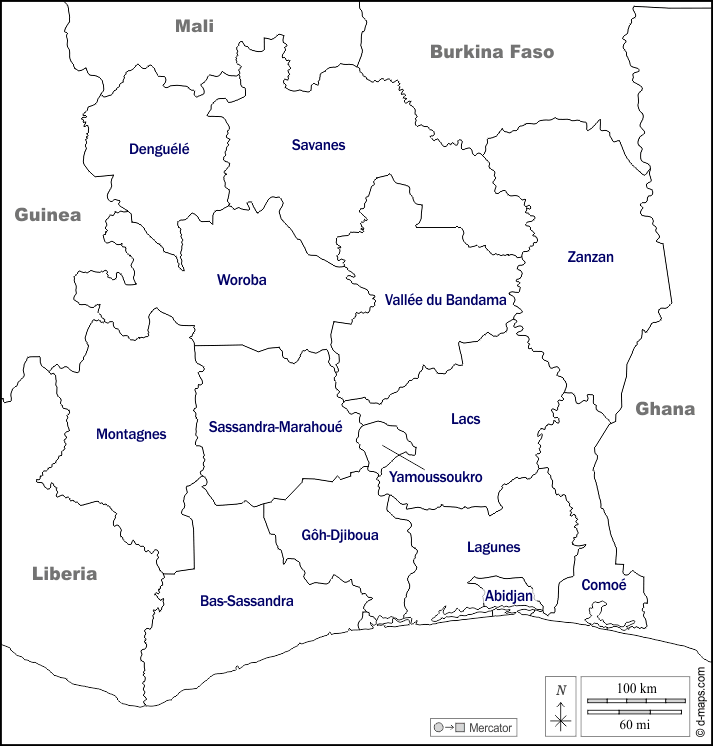 Costa d'Avorio : d-maps.com: mappa gratuita, mappa muta gratuita, cartina muta gratuita : frontiere, distretti, nomi, bianco