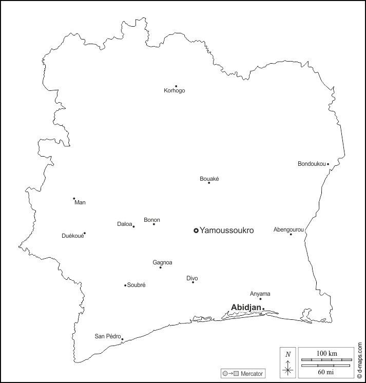 Cote D Ivoire Carte Geographique Gratuite Carte Geographique Muette Gratuite Carte Vierge Gratuite Fond De Carte Gratuit Formats Graphiques Courants Contours Principales Villes Noms Blanc