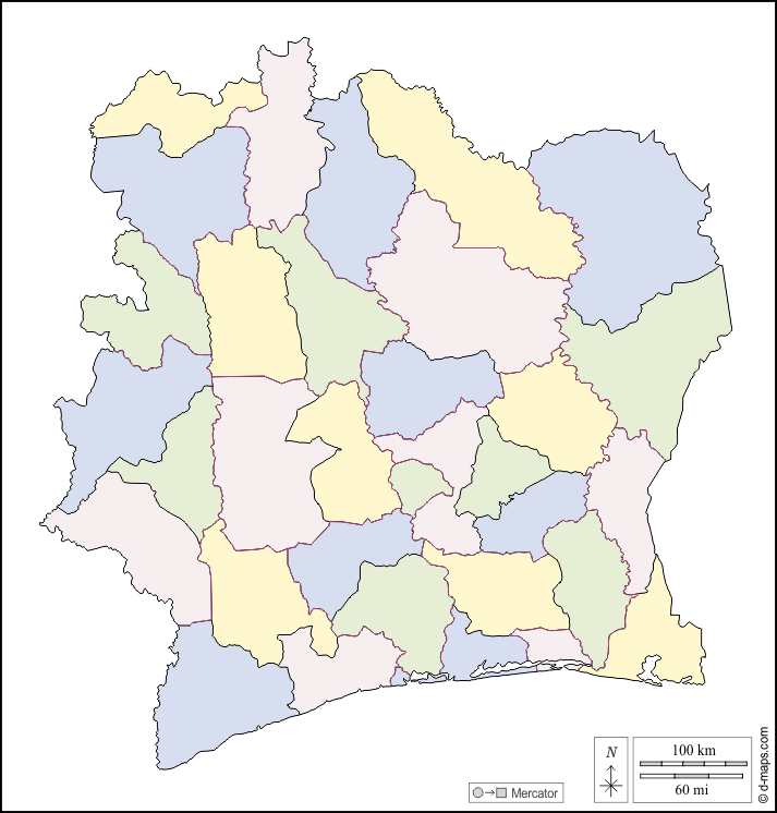 Costa d'Avorio : d-maps.com: mappa gratuita, mappa muta gratuita, cartina muta gratuita : contorni, regioni, colore, bianco