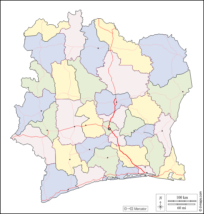 Elfenbeinküste : d-maps.com: Kostenlose Karten, kostenlose stumme Karte, kostenlose unausgefüllt Landkarte, kostenlose hochauflösende Umrisskarte : Umrisse, Regionen, Wichtige Städte, Straßen, Farbe, weiß