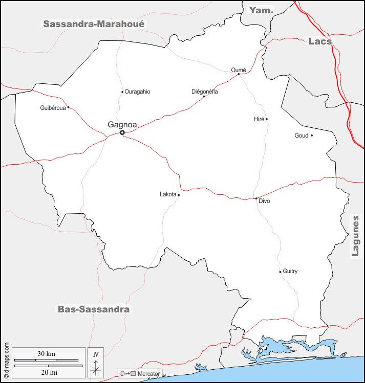 Gôh-Djiboua : d-maps.com: mappa gratuita, mappa muta gratuita, cartina muta gratuita : frontiere, principali città, strade, nomi