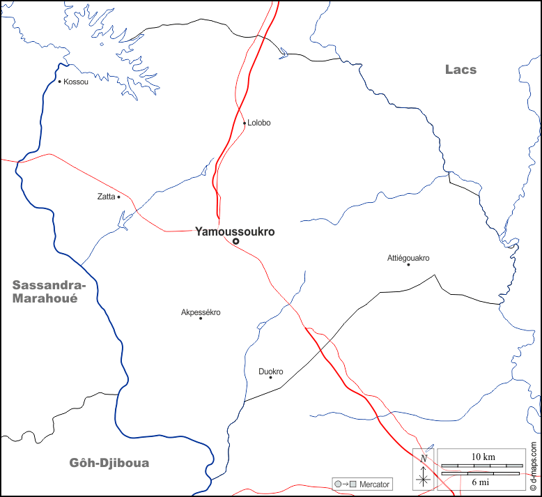 Yamoussoukro : d-maps.com: carte géographique gratuite, carte géographique muette gratuite, carte vierge gratuite, fond de carte gratuit, formats graphiques courants : frontières, hydrographie, principales villes, routes, noms, blanc