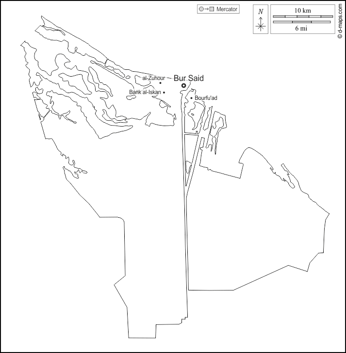Porto Said : d-maps.com: mappa gratuita, mappa muta gratuita, cartina muta gratuita : contorni, principali città, nomi, bianco