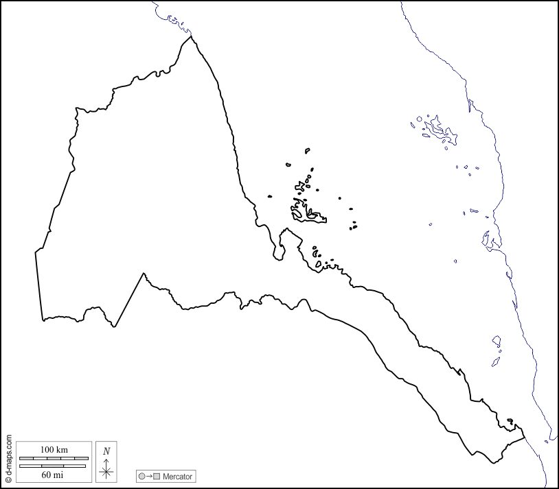 Eritrea : d-maps.com: Kostenlose Karten, kostenlose stumme Karte, kostenlose unausgefüllt Landkarte, kostenlose hochauflösende Umrisskarte : Küsten, Grenzen, weiß