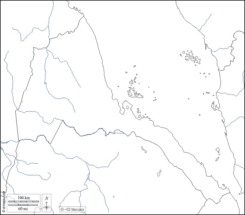 エリトリア : d-maps.com: 無料地図, 無料の空の地図, 無料のアウトラインマップ, 無料のベースマップ
 : 境界, 川と湖, 白い