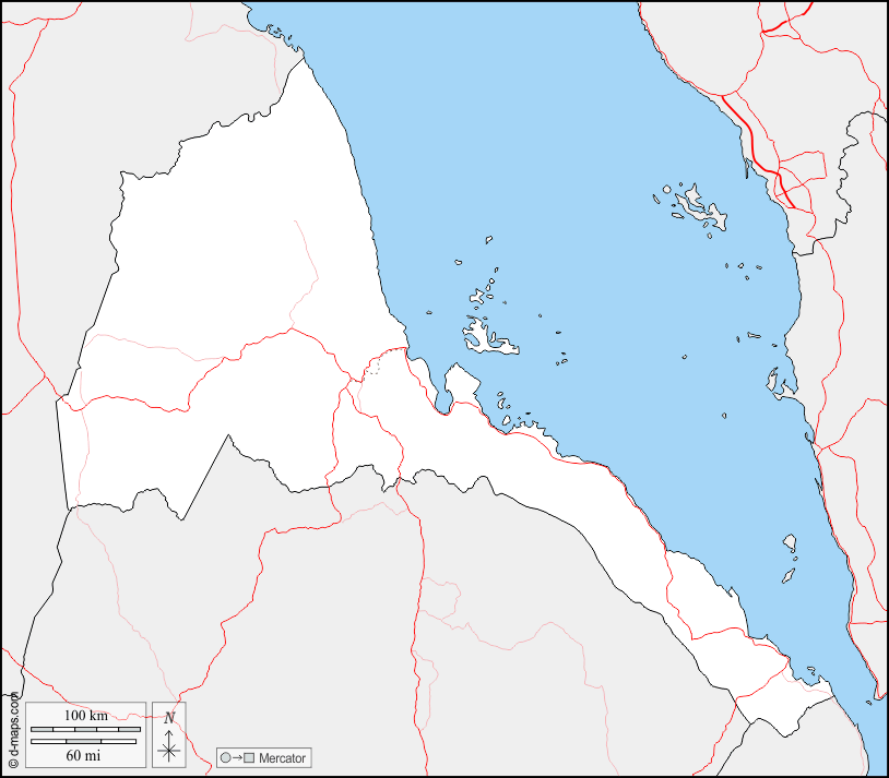Eritrea : d-maps.com: Kostenlose Karten, kostenlose stumme Karte, kostenlose unausgefüllt Landkarte, kostenlose hochauflösende Umrisskarte : Grenzen, Straßen