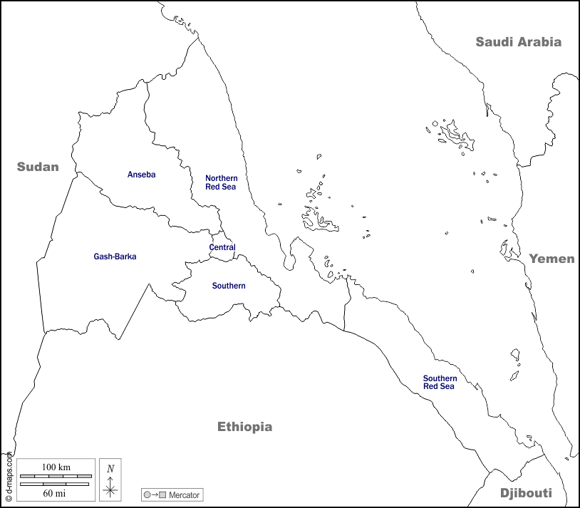 Eritrea : d-maps.com: Kostenlose Karten, kostenlose stumme Karte, kostenlose unausgefüllt Landkarte, kostenlose hochauflösende Umrisskarte : Grenzen, Regionen, Namen, weiß