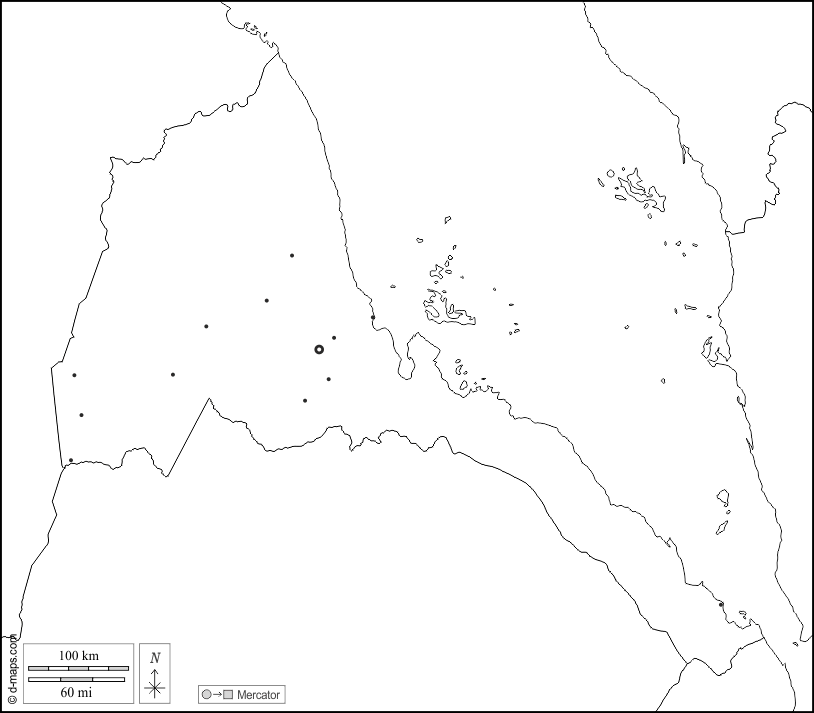 Eritrea : d-maps.com: Kostenlose Karten, kostenlose stumme Karte, kostenlose unausgefüllt Landkarte, kostenlose hochauflösende Umrisskarte : Grenzen, Wichtige Städte, weiß