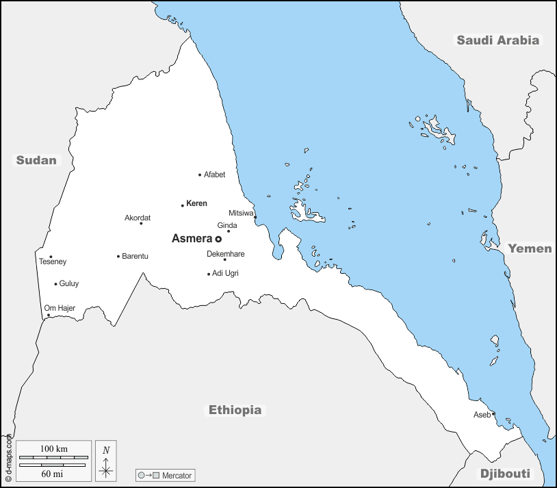 Eritrea : d-maps.com: Kostenlose Karten, kostenlose stumme Karte, kostenlose unausgefüllt Landkarte, kostenlose hochauflösende Umrisskarte : Grenzen, Wichtige Städte, Namen