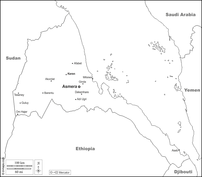 إريتريا : خريطة مجانية, خريطة خاليه من الفراغ, خريطة الخطوط العريضة, خريطة القاعدة الحرة
 : حدود, المدن الرئيسية, أسماء, أبيض