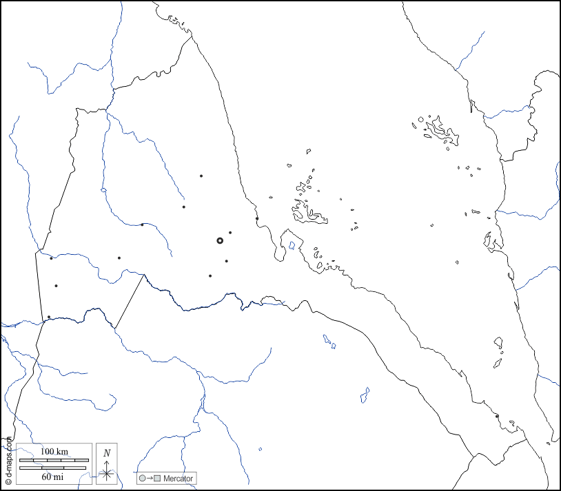 エリトリア : d-maps.com: 無料地図, 無料の空の地図, 無料のアウトラインマップ, 無料のベースマップ
 : 境界, 川と湖, 主要都市, 白い