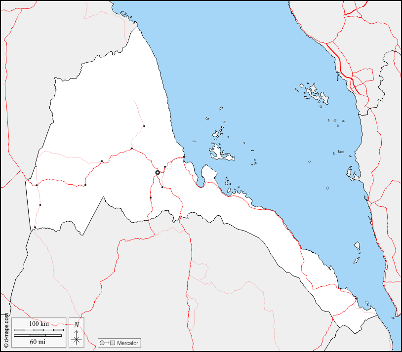 Eritrea : d-maps.com: mapa gratuito, mapa mudo gratuito, mapa en blanco gratuito, plantilla de mapa : fronteras, principales ciudades, carreteras