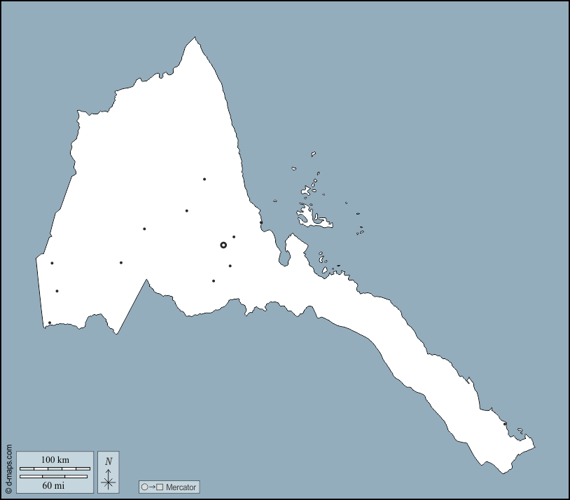 Eritrea : d-maps.com: free map, free blank map, free outline map, free base map : outline, main cities