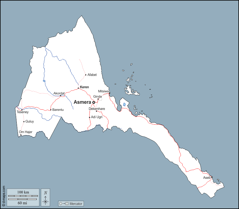 厄立特里亚 : d-maps.com: 免费地图, 免费的空白地图, 免费的轮廓地图, 免费基地地图 : 大纲, 水文学, 主要城市, 道路, 名称
