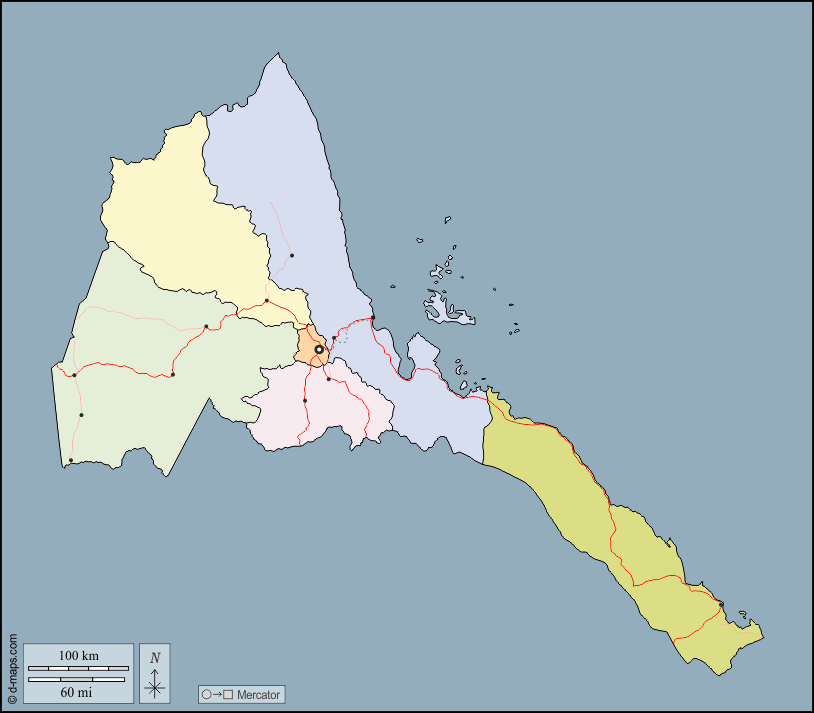 Erythrée : d-maps.com: carte géographique gratuite, carte géographique muette gratuite, carte vierge gratuite, fond de carte gratuit, formats graphiques courants : contours, régions, principales villes, routes, couleur