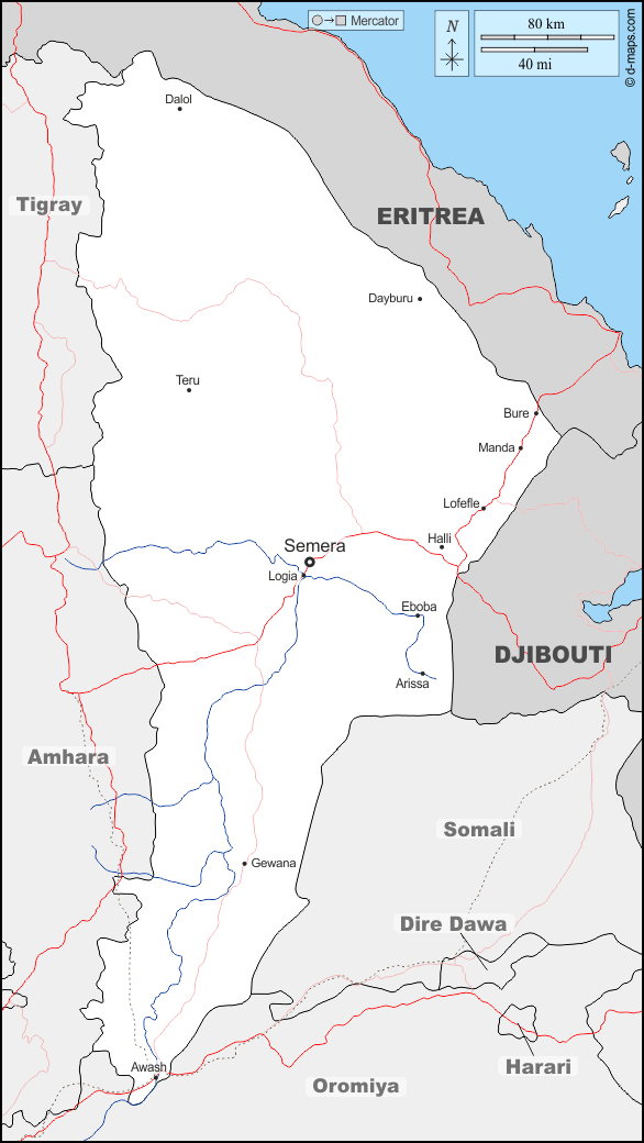 Afar : d-maps.com: Kostenlose Karten, kostenlose stumme Karte, kostenlose unausgefüllt Landkarte, kostenlose hochauflösende Umrisskarte : Grenzen, Hydrografie, Wichtige Städte, Straßen, Namen