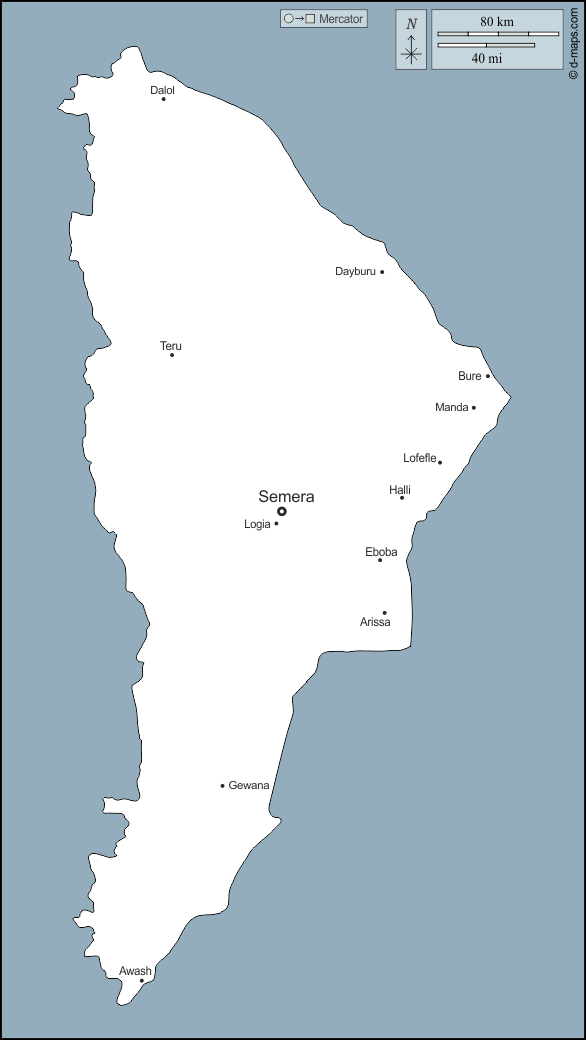 Afar : d-maps.com: Kostenlose Karten, kostenlose stumme Karte, kostenlose unausgefüllt Landkarte, kostenlose hochauflösende Umrisskarte : Umrisse, Wichtige Städte, Namen