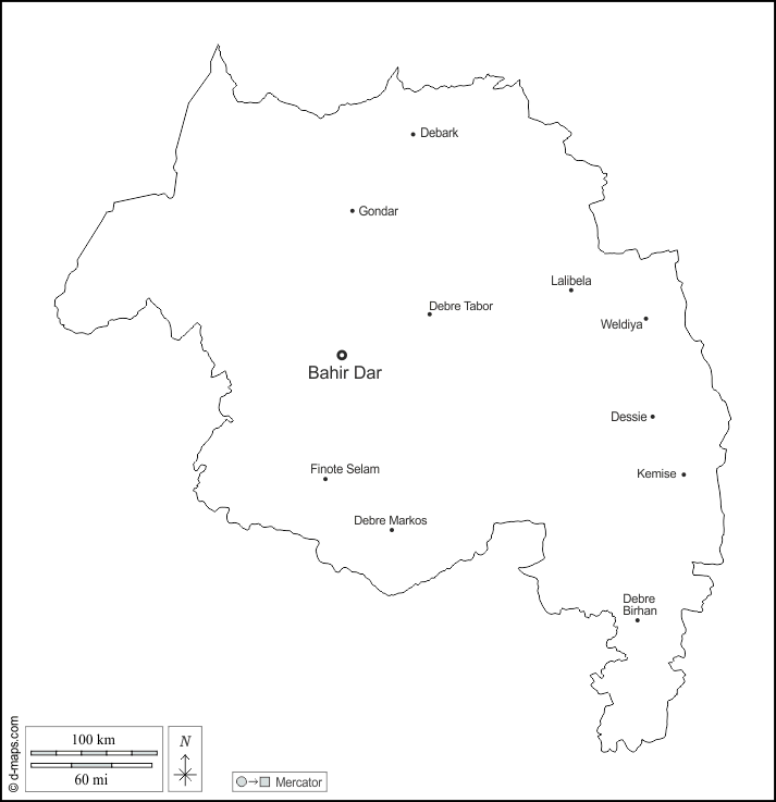 Amhara : d-maps.com: carte géographique gratuite, carte géographique muette gratuite, carte vierge gratuite, fond de carte gratuit, formats graphiques courants : contours, principales villes, noms, blanc