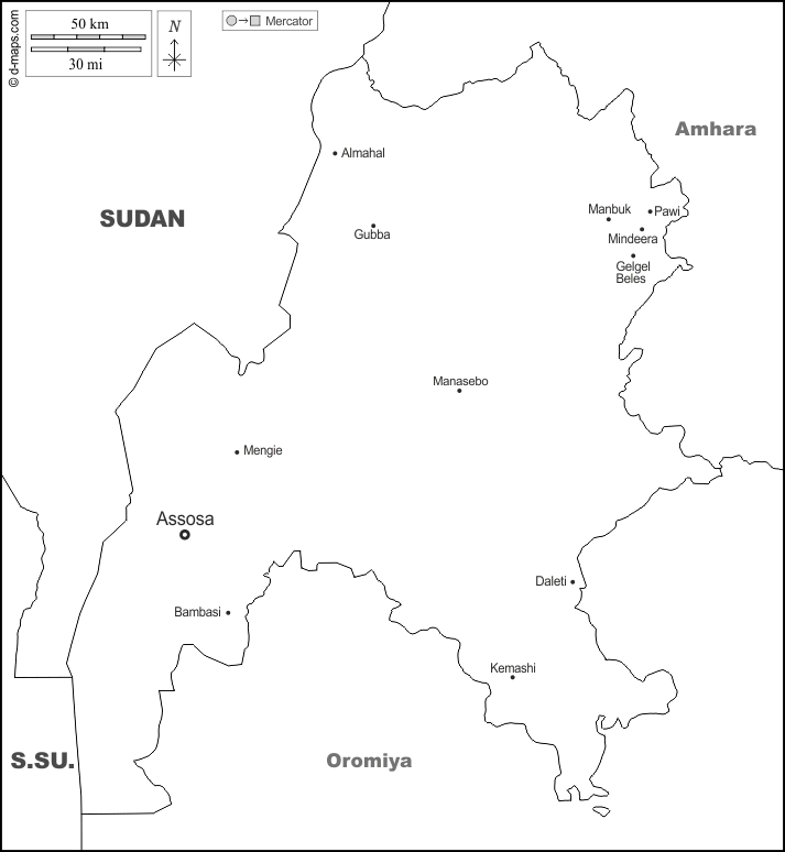 Benishangul-Gumuz : d-maps.com: Kostenlose Karten, kostenlose stumme Karte, kostenlose unausgefüllt Landkarte, kostenlose hochauflösende Umrisskarte : Grenzen, Wichtige Städte, Namen, weiß