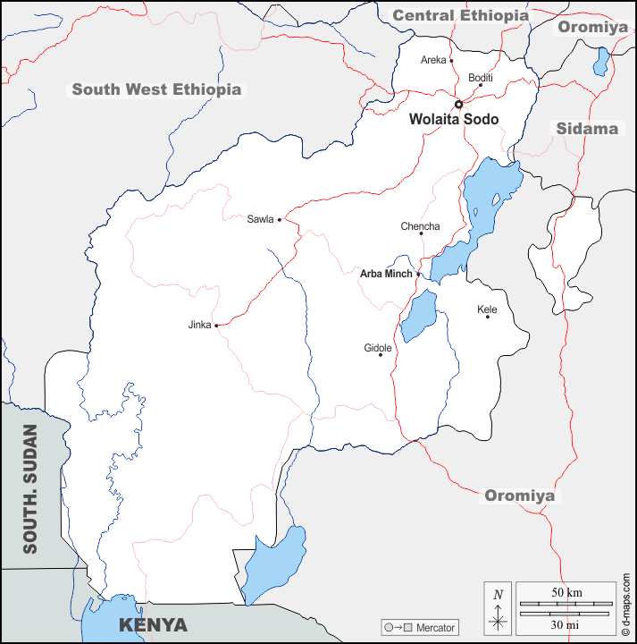 Etiopia meridionale : d-maps.com: mappa gratuita, mappa muta gratuita, cartina muta gratuita : frontiere, idrografia, principali città, strade, nomi