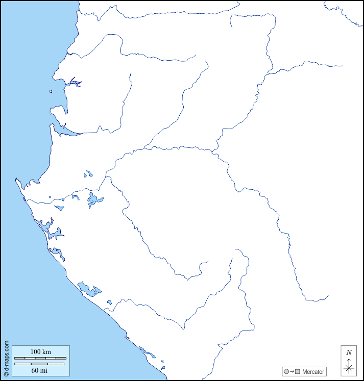 Gabun : d-maps.com: Kostenlose Karten, kostenlose stumme Karte, kostenlose unausgefüllt Landkarte, kostenlose hochauflösende Umrisskarte : Küsten, Hydrografie