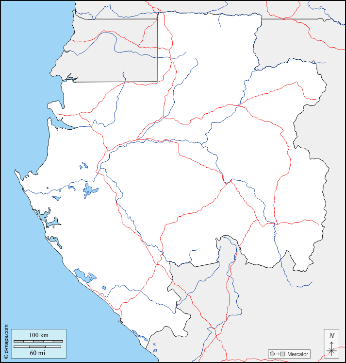 Gabón : d-maps.com: mapa gratuito, mapa mudo gratuito, mapa en blanco gratuito, plantilla de mapa : fronteras, hidrografía, carreteras