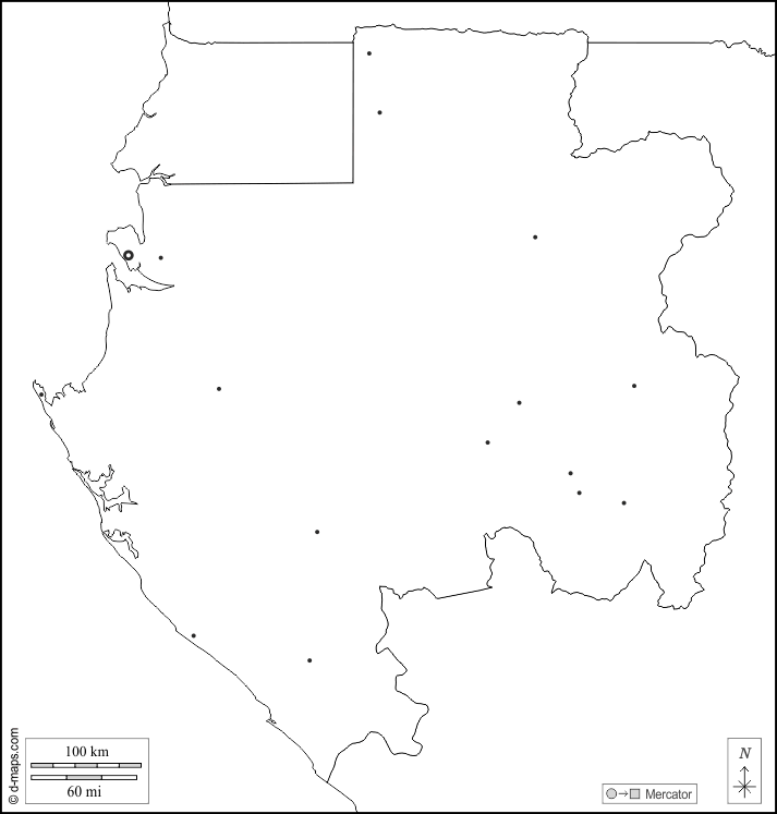 Gabun : d-maps.com: Kostenlose Karten, kostenlose stumme Karte, kostenlose unausgefüllt Landkarte, kostenlose hochauflösende Umrisskarte : Grenzen, Wichtige Städte, weiß