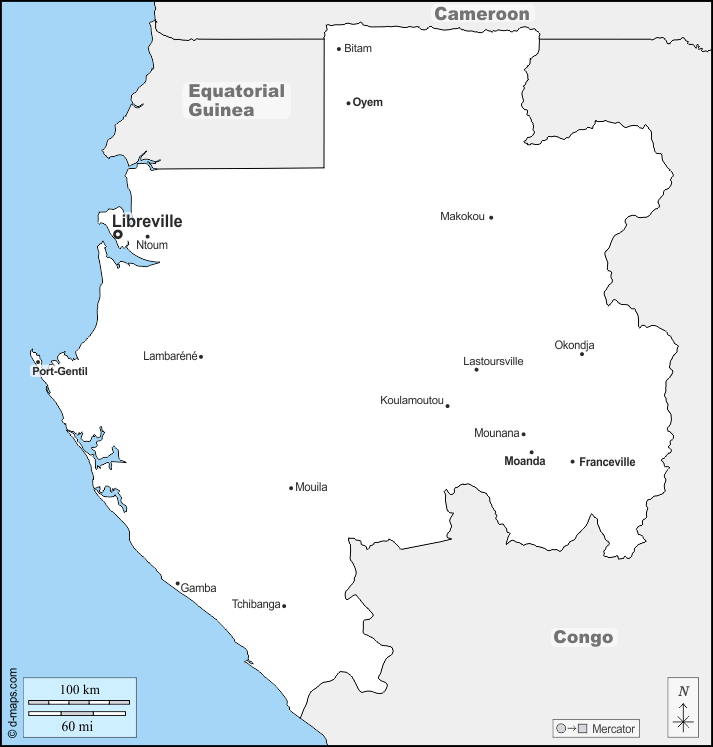 Gabun : d-maps.com: Kostenlose Karten, kostenlose stumme Karte, kostenlose unausgefüllt Landkarte, kostenlose hochauflösende Umrisskarte : Grenzen, Wichtige Städte, Namen