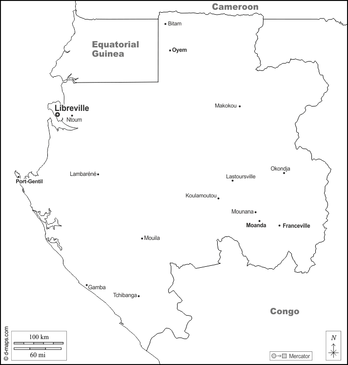 Gabon : d-maps.com: carte géographique gratuite, carte géographique muette gratuite, carte vierge gratuite, fond de carte gratuit, formats graphiques courants : frontières, principales villes, noms, blanc