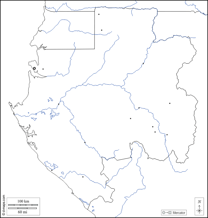 Gabon : d-maps.com: carte géographique gratuite, carte géographique muette gratuite, carte vierge gratuite, fond de carte gratuit, formats graphiques courants : frontières, hydrographie, principales villes, blanc