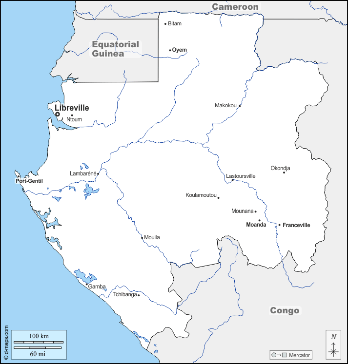 Gabon : d-maps.com: carte géographique gratuite, carte géographique muette gratuite, carte vierge gratuite, fond de carte gratuit, formats graphiques courants : frontières, hydrographie, principales villes, noms