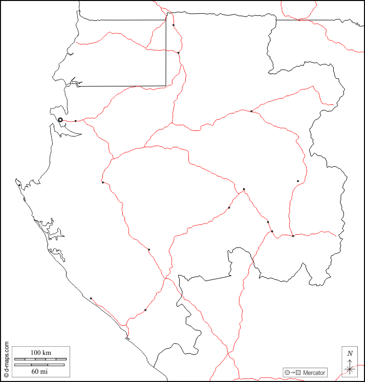 Gabon : d-maps.com: carte géographique gratuite, carte géographique muette gratuite, carte vierge gratuite, fond de carte gratuit, formats graphiques courants : frontières, principales villes, routes, blanc