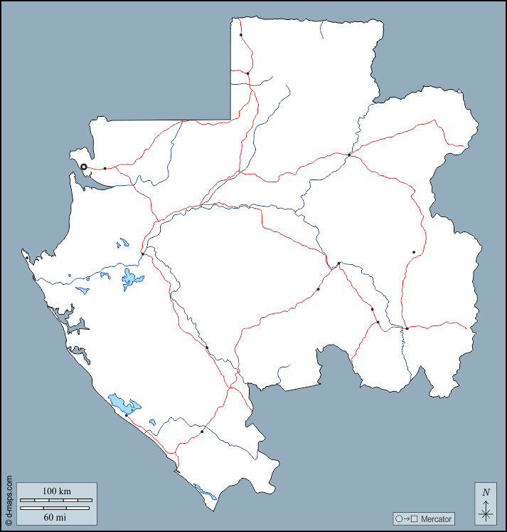 加蓬 : d-maps.com: 免费地图, 免费的空白地图, 免费的轮廓地图, 免费基地地图 : 大纲, 水文学, 主要城市, 道路