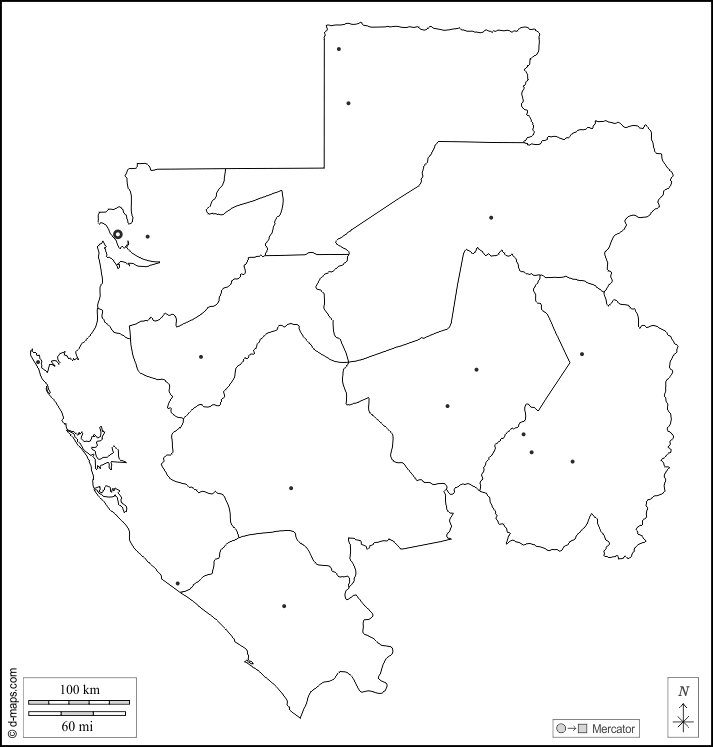 ガボン : d-maps.com: 無料地図, 無料の空の地図, 無料のアウトラインマップ, 無料のベースマップ
 : 輪郭, 地方, 主要都市, 白い