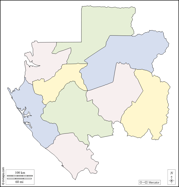 ガボン : d-maps.com: 無料地図, 無料の空の地図, 無料のアウトラインマップ, 無料のベースマップ
 : 輪郭, 地方, 色, 白い