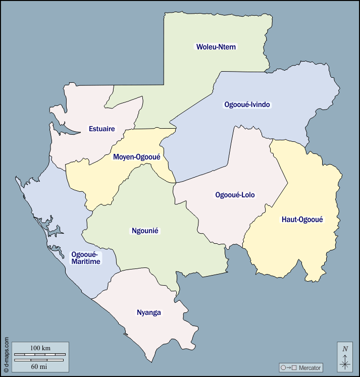 Габон : d-maps.com: Бесплатная карта, бесплатная карта, свободная карта, Бесплатная базовая карта
 : контур, провинциях, имена, Цвет