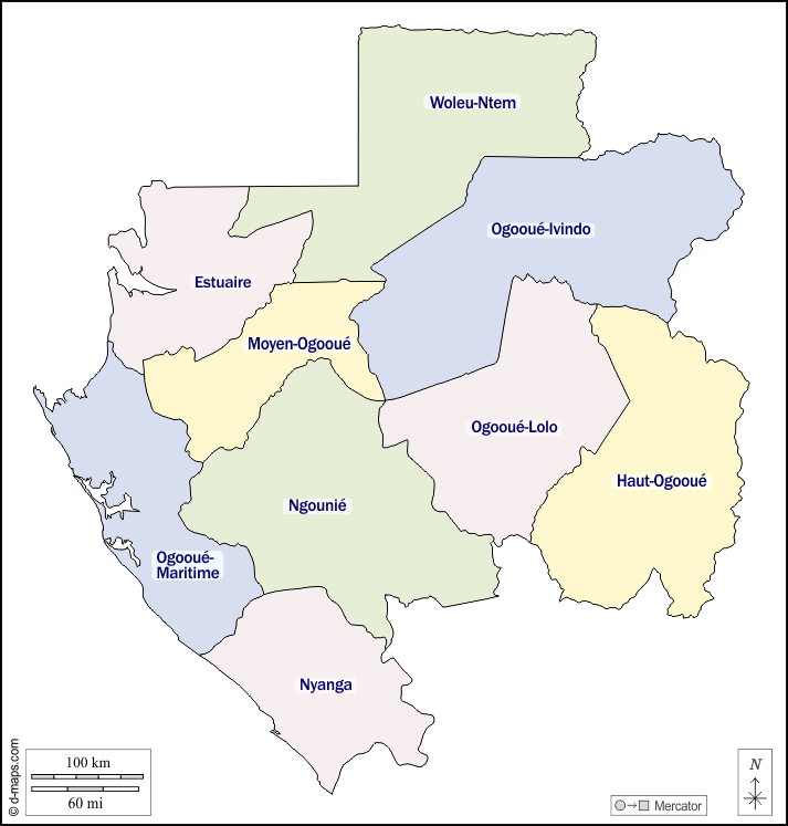 Габон : d-maps.com: Бесплатная карта, бесплатная карта, свободная карта, Бесплатная базовая карта
 : контур, провинциях, имена, Цвет, Белый
