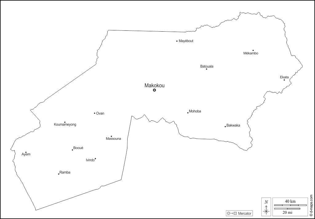 Ogoué-Ivindo : d-maps.com: mapa livre, mapa em branco livre, mapa livre do esboço, mapa básico livre
 : contornos, principais cidades, nomes, branco