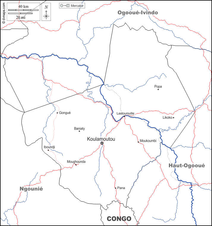 Ogooué-Lolo : d-maps.com: mappa gratuita, mappa muta gratuita, cartina muta gratuita : frontiere, idrografia, principali città, strade, nomi, bianco