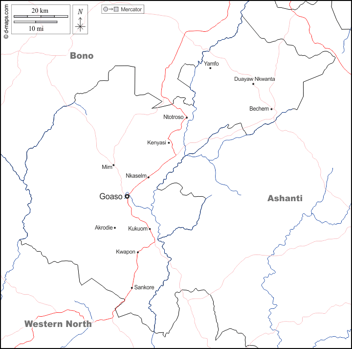 Ahafo : d-maps.com: mapa livre, mapa em branco livre, mapa livre do esboço, mapa básico livre
 : fronteiras, hidrografia, principais cidades, estradas, nomes, branco
