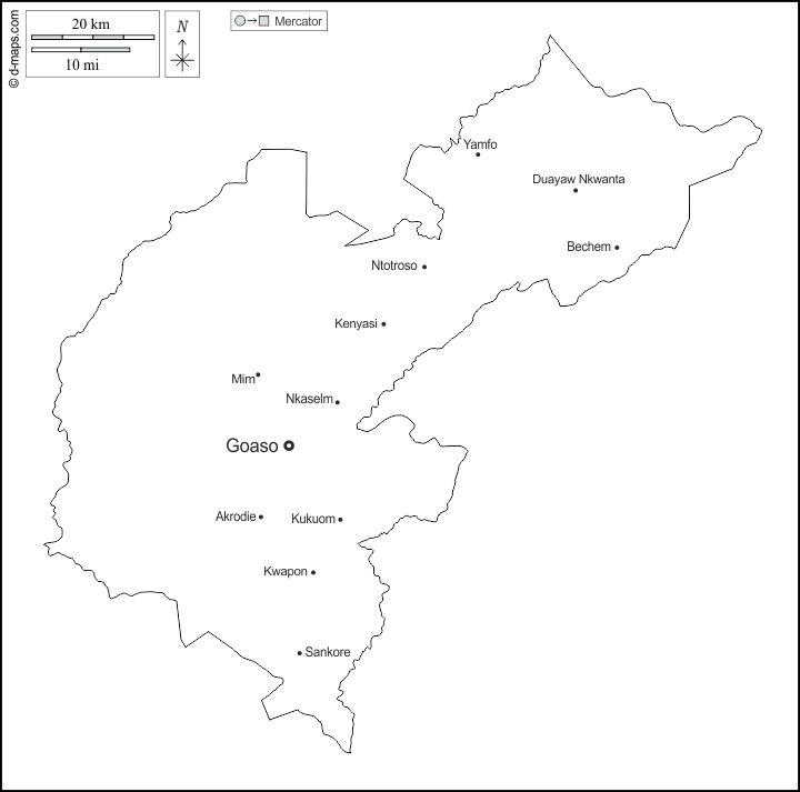 Ahafo : d-maps.com: mapa livre, mapa em branco livre, mapa livre do esboço, mapa básico livre
 : contornos, principais cidades, nomes, branco