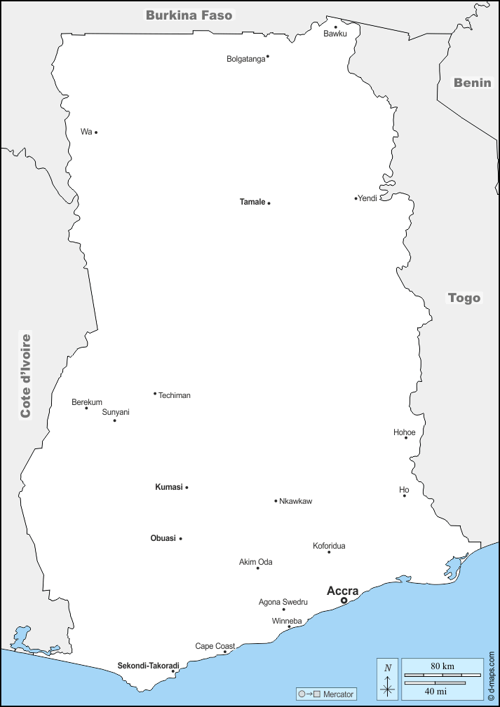 Gana : d-maps.com: mapa livre, mapa em branco livre, mapa livre do esboço, mapa básico livre
 : fronteiras, principais cidades, nomes