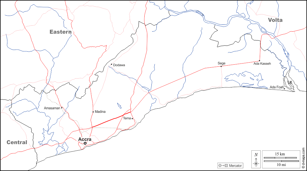 大阿克拉大區 : d-maps.com: 免费地图, 免费的空白地图, 免费的轮廓地图, 免费基地地图 : 边界, 水文学, 主要城市, 道路, 名称, 白
